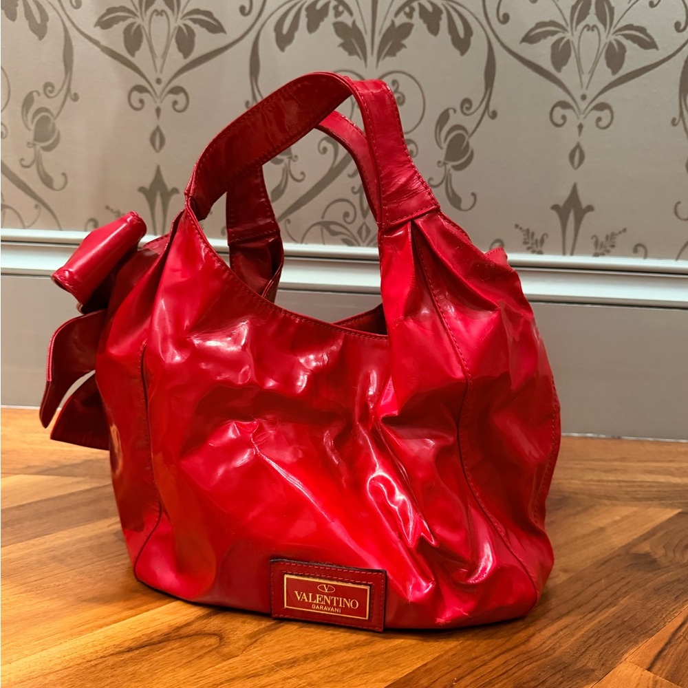 Valentino Garavani Lacca Bow Red Patent Leather  Bag Designer Handbag Authentic